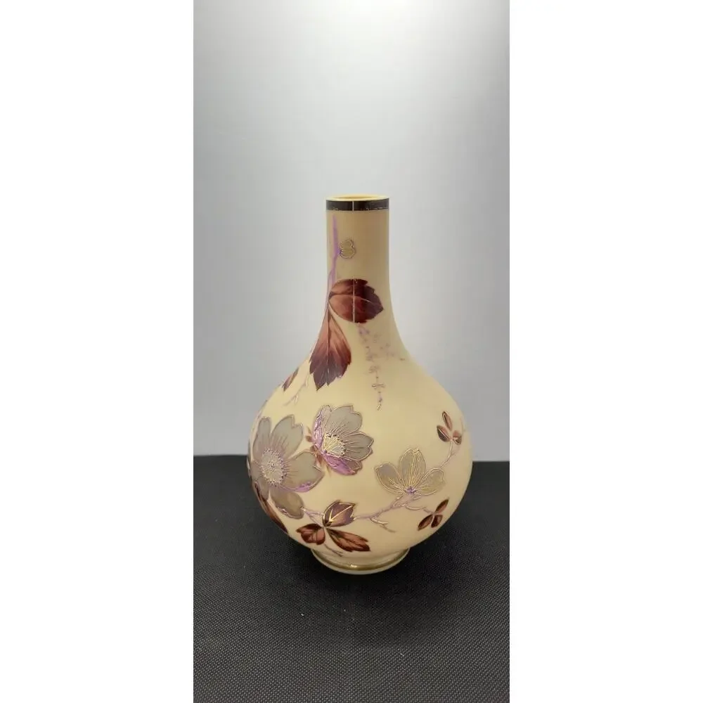Floral Moriage Style Vase Raised Enamel Pink Gold Cream Decorative 9